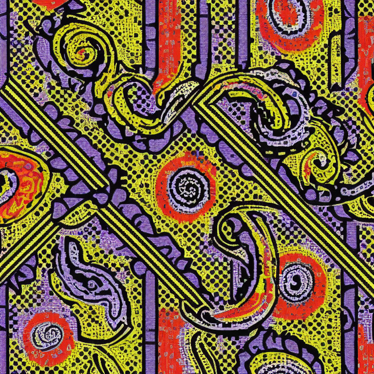 Colorful Abstract Pattern with Swirls and Dots in Yellow, Red, Purple, and Black