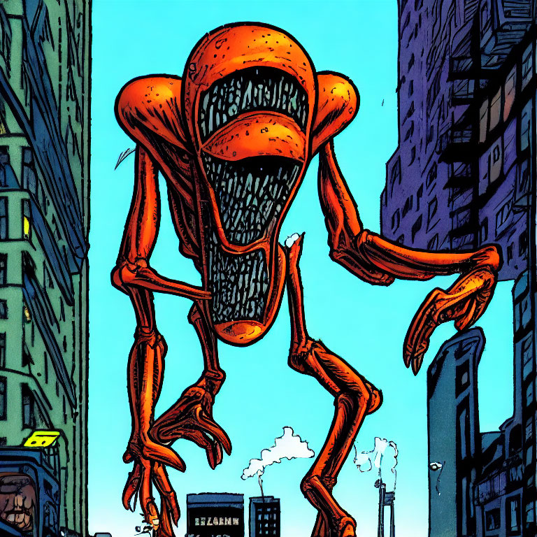 Colorful alien creature walking in city with skyscrapers