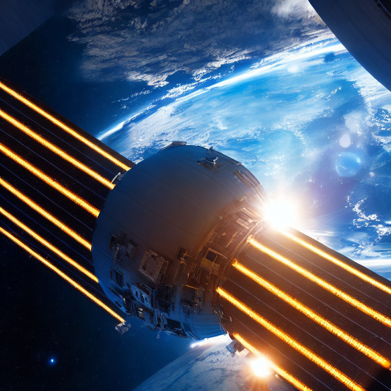 Glowing spacecraft near Earth with yellow trails and sunlight flares