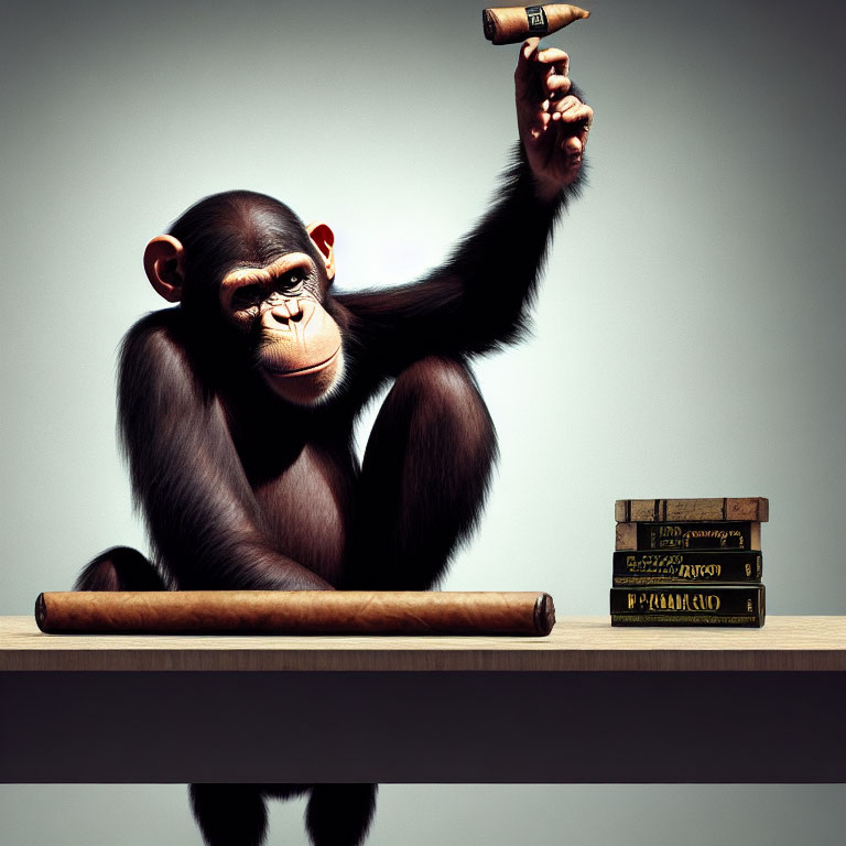 Contemplative chimpanzee at desk with cigar and books