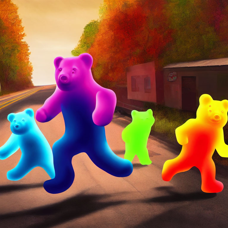 Colorful gummy bears stroll on roadside amid fall foliage