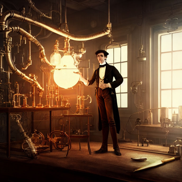 Victorian man in dimly lit laboratory with glowing bulb