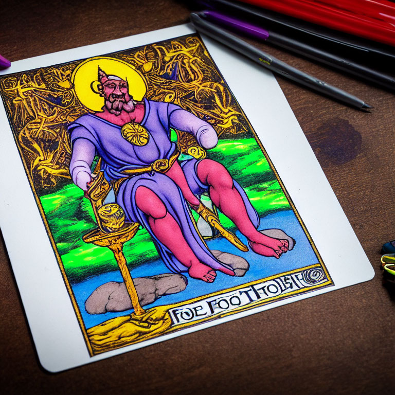 Tarot card featuring king with goblet in artistic setting