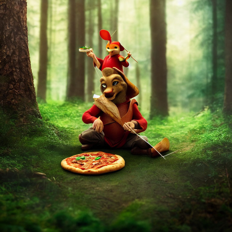 Anthropomorphic mouse in red hoodie with pizza in forest, small character on shoulder