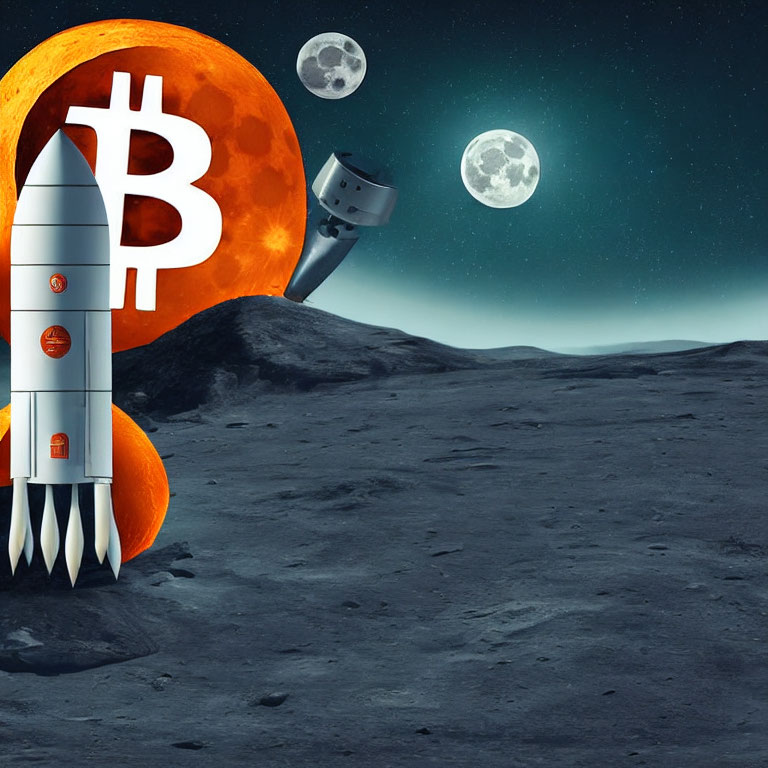 Bitcoin symbol rocket launches from moon surface towards three moons in starry sky