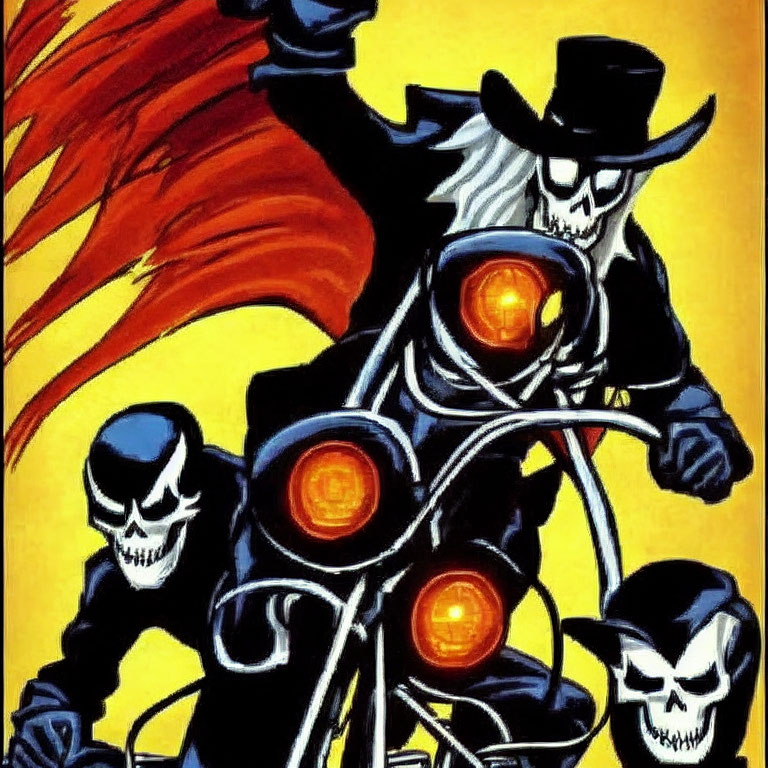 Stylized skeletal figure on flaming skull motorcycle.