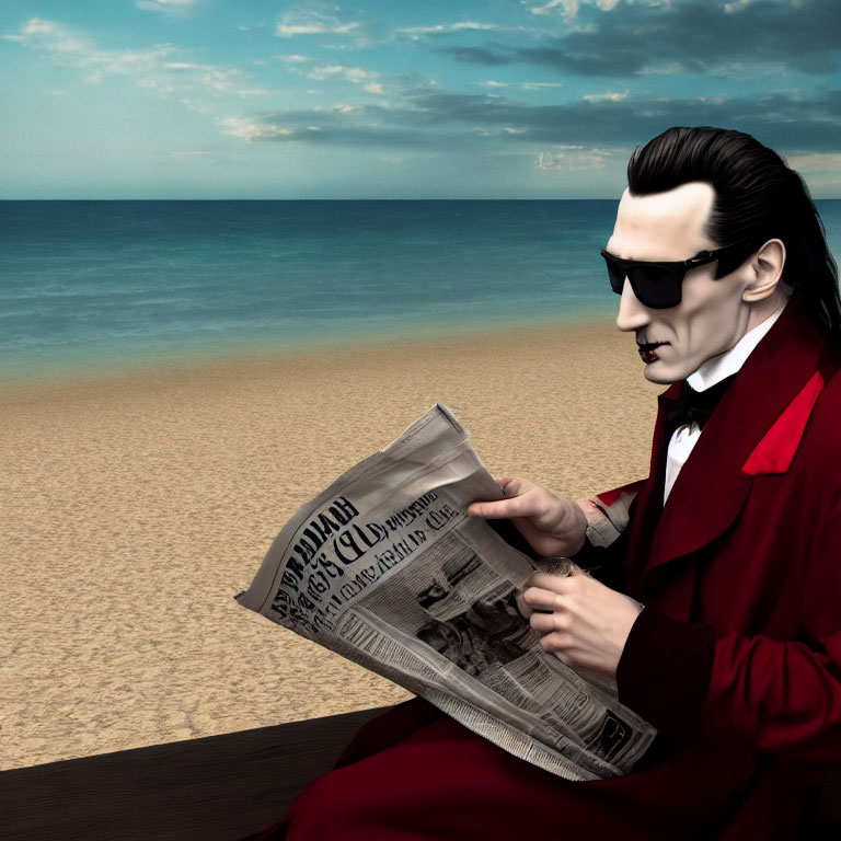 Stylized character in red suit and sunglasses reading newspaper on beach bench