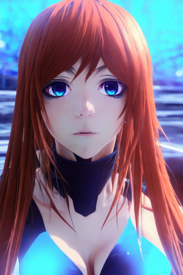 Anime-style female character with bright blue eyes and long red hair on blurred blue backdrop