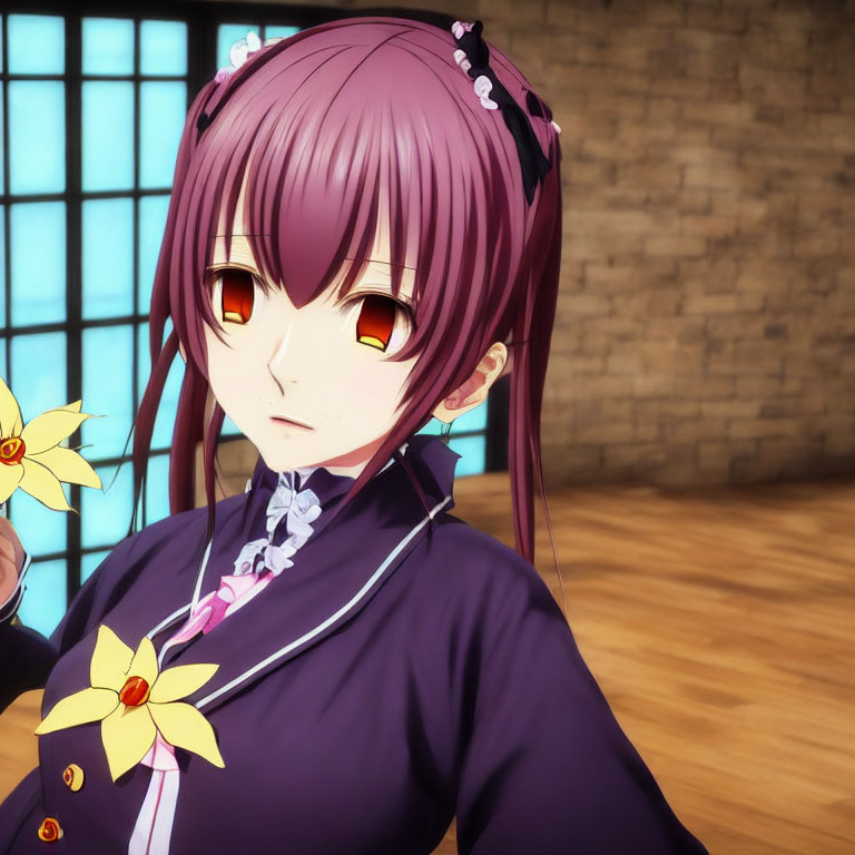Purple-Haired Anime Girl with Amber Eyes Holding Yellow Flower in Brick-Walled Room