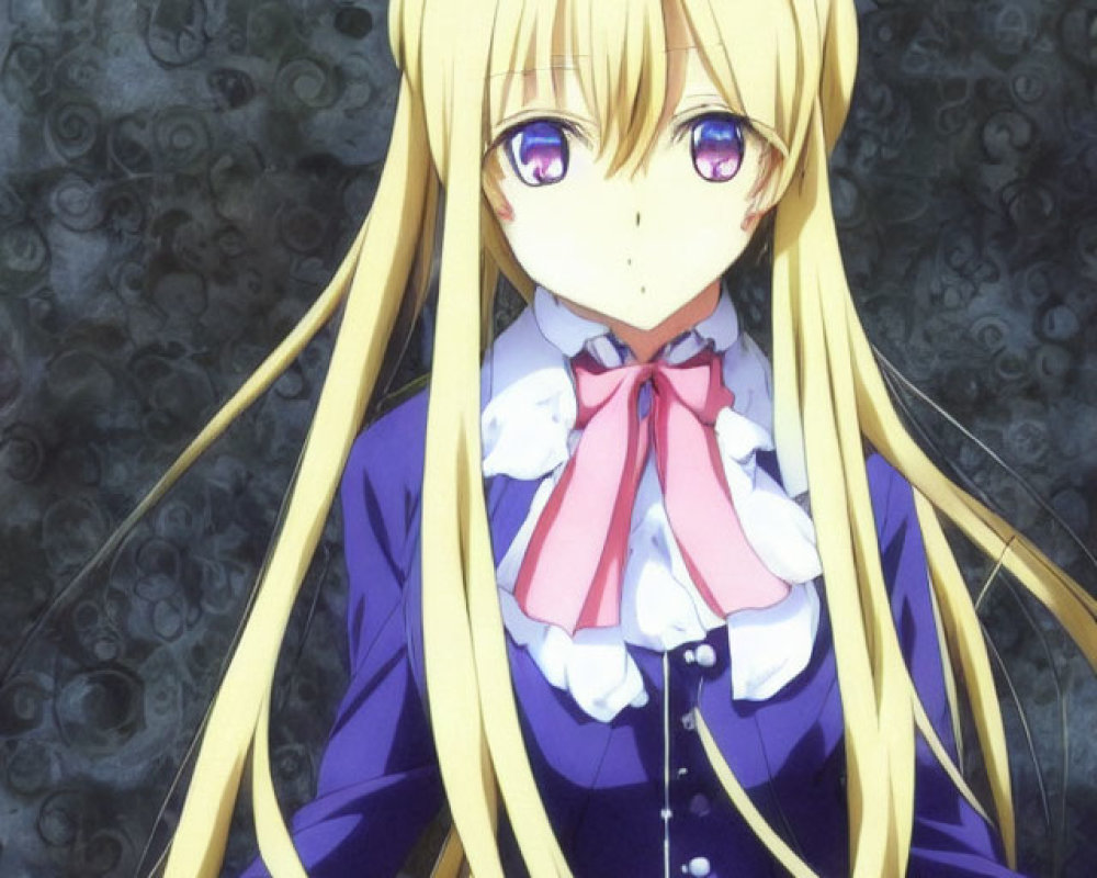 Blonde Anime Girl in Blue Dress with Purple Eyes