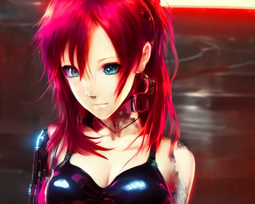 Vibrant digital art: Female character with red hair, teal eyes, tattoos, neon backdrop