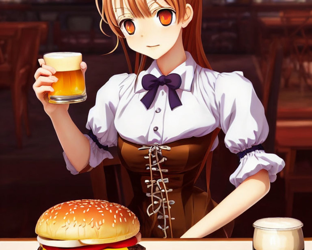 Animated waitress with orange eyes serving beer and food on table.