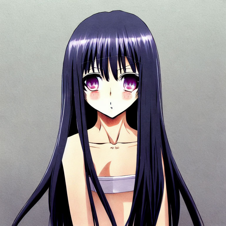 Female anime character with long black hair and large purple eyes.
