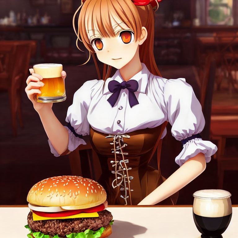 Animated waitress with orange eyes serving beer and food on table.