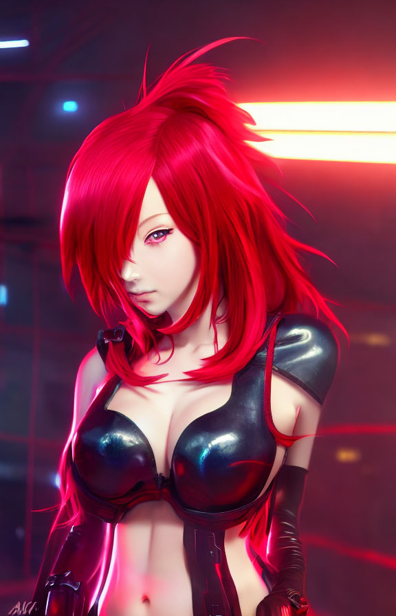 Red-haired female character in black latex bodysuit against neon-lit backdrop