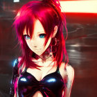 Red-haired female character in black latex bodysuit against neon-lit backdrop