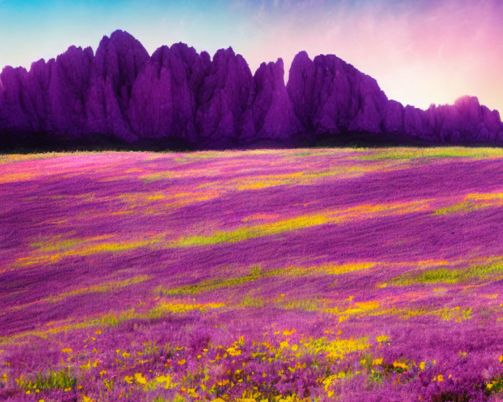 Vibrant Purple and Yellow Wildflowers in Field with Silhouetted Rocky Hills