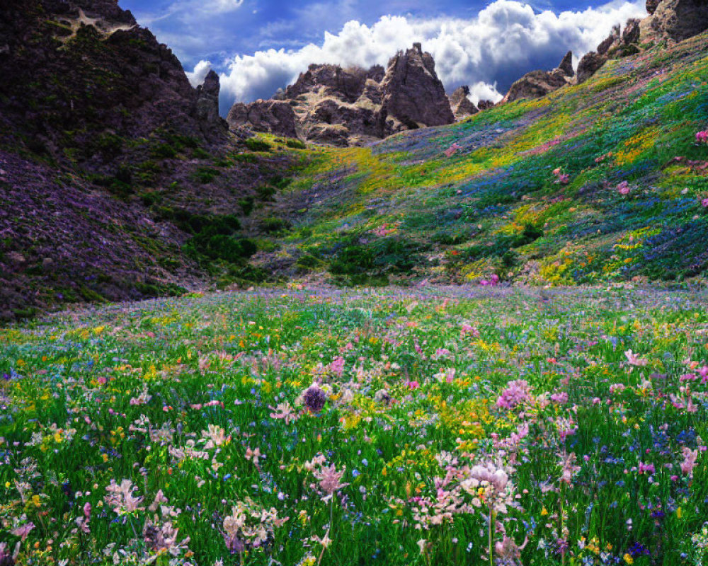 Wildflowers Field on Rocky Hillside with Blue Sky