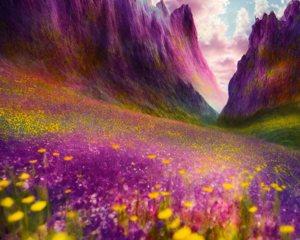 Colorful Valley: Purple and Pink Mountains, Meadow with Purple Flora