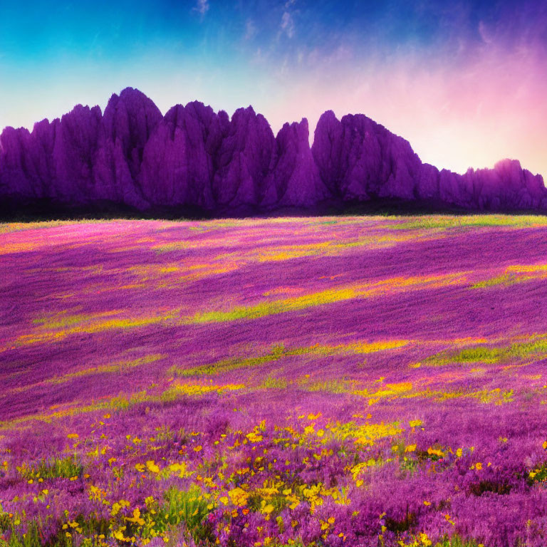 Vibrant Purple and Yellow Wildflowers in Field with Silhouetted Rocky Hills