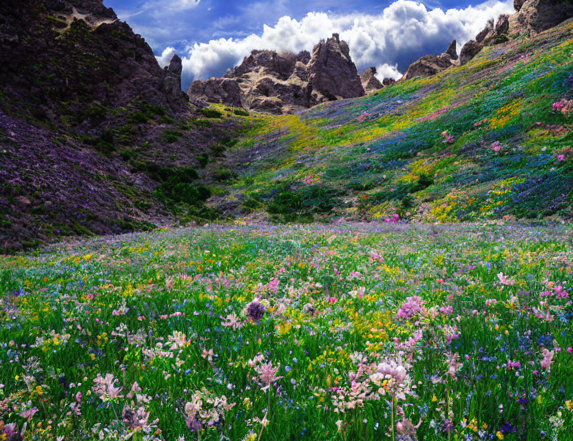 Wildflowers Field on Rocky Hillside with Blue Sky