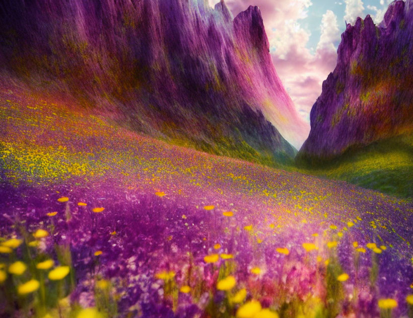 Colorful Valley: Purple and Pink Mountains, Meadow with Purple Flora