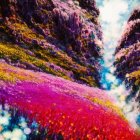 Colorful Valley: Purple and Pink Mountains, Meadow with Purple Flora