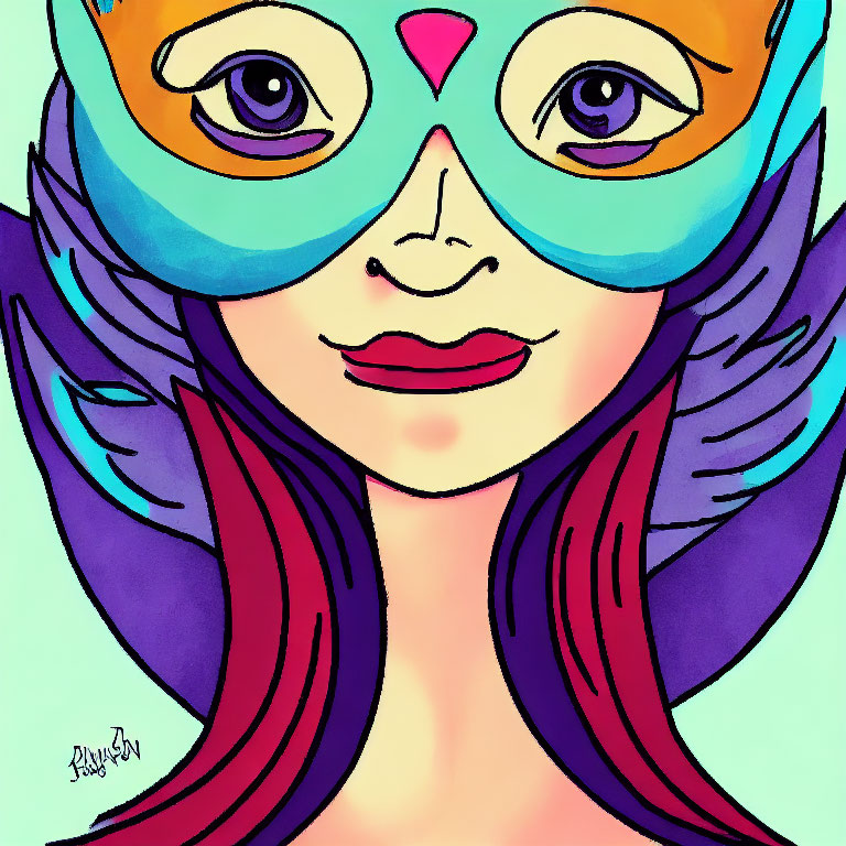 Colorful Masquerade Mask Woman Illustration with Wings and Vibrant Hair