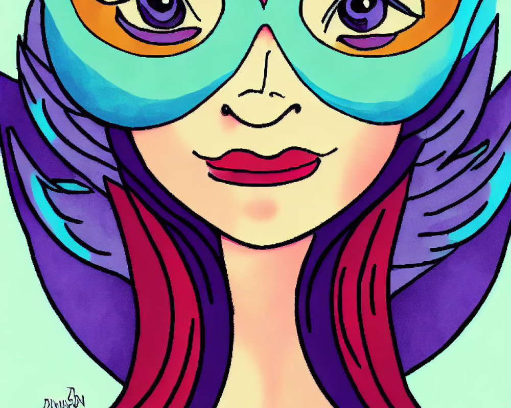 Colorful Masquerade Mask Woman Illustration with Wings and Vibrant Hair