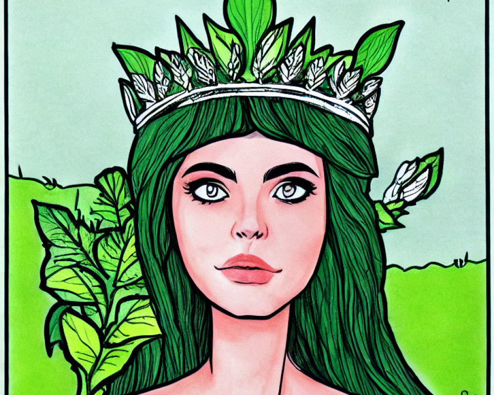 Person with Green Hair and Leaf Crown Illustration