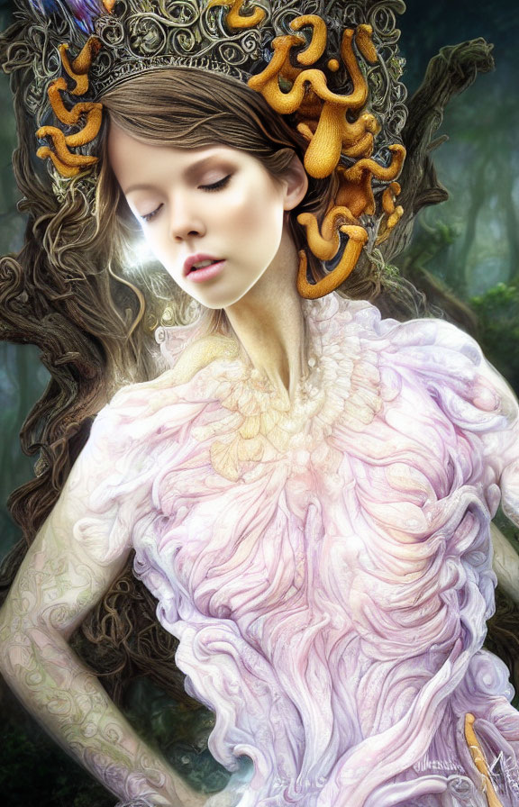 Fantasy-style image of woman with mushroom headgear and ruffled pink gown