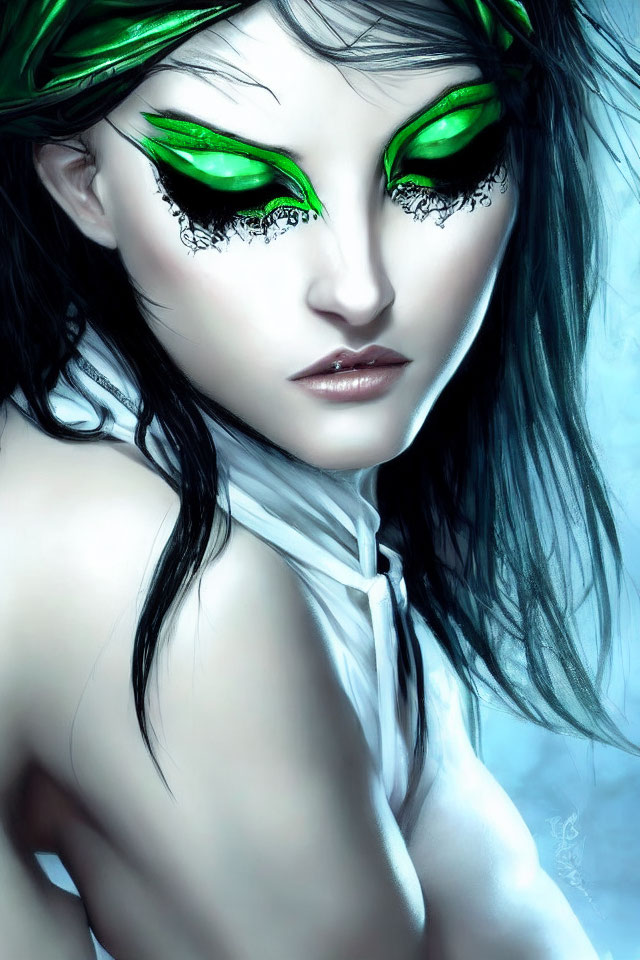 Fantasy character portrait with vivid green eyes and dark hair