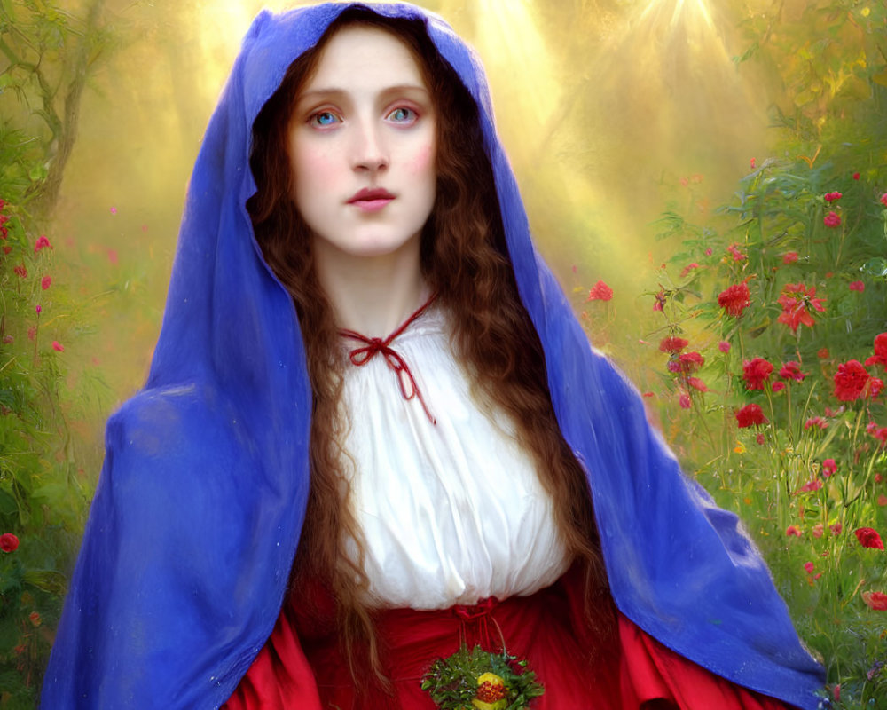 Red-haired woman in blue cloak and red dress in enchanted forest scene