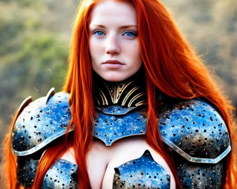 Red-haired woman in fantasy armor with metallic chest plate and shoulder guards