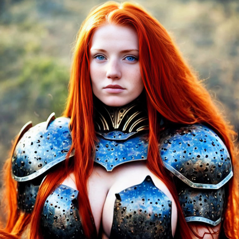 Red-haired woman in fantasy armor with metallic chest plate and shoulder guards