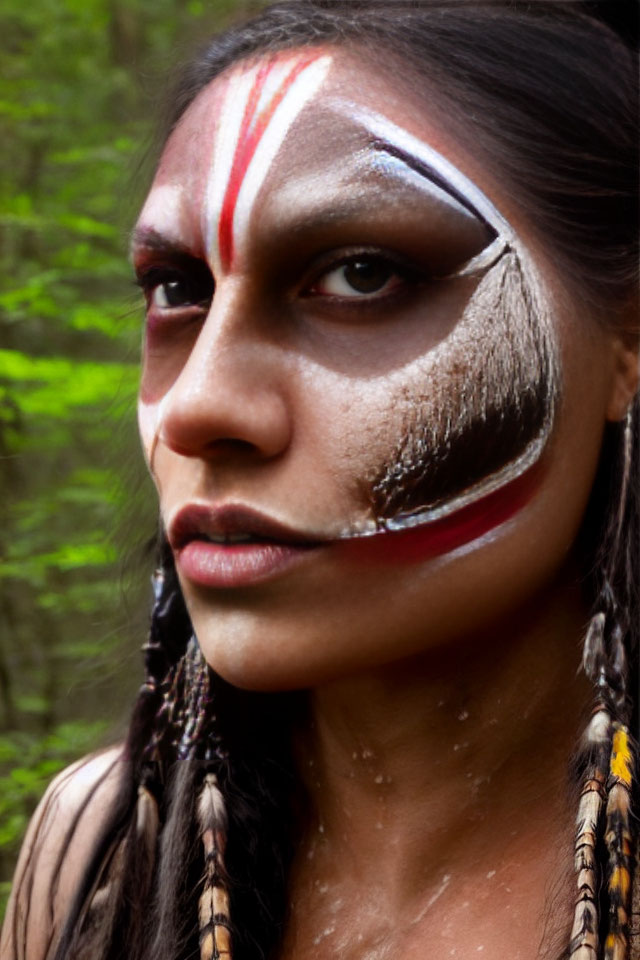 Tribal face paint person with feathers in hair gazing intently in blurred background