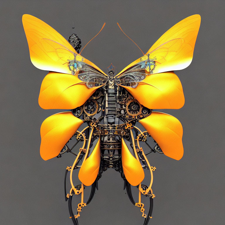 Mechanical butterfly digital art with orange wings on grey background