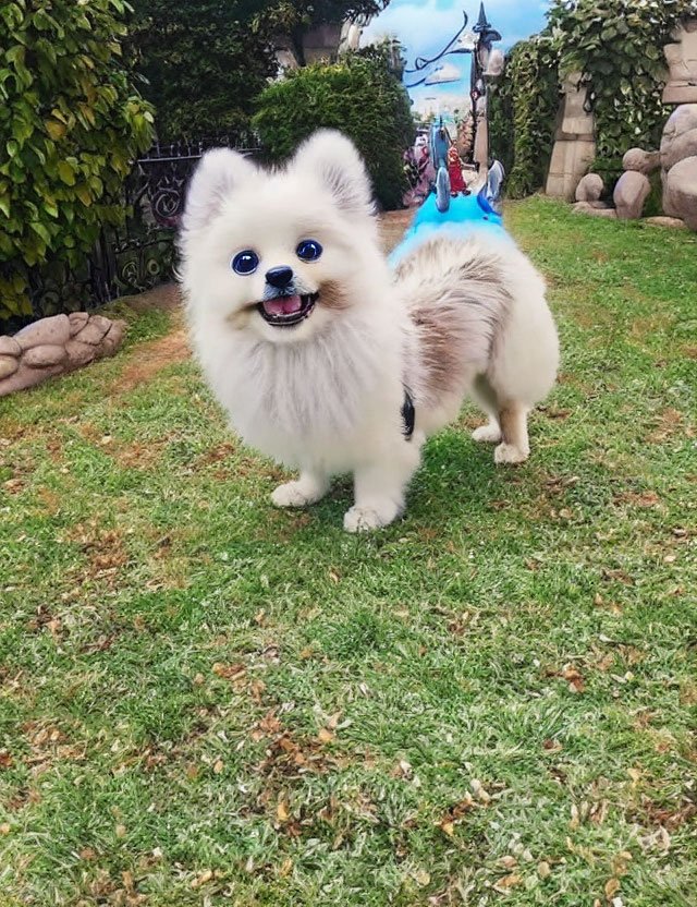 Fluffy White Pomeranian Dog on Grassy Lawn