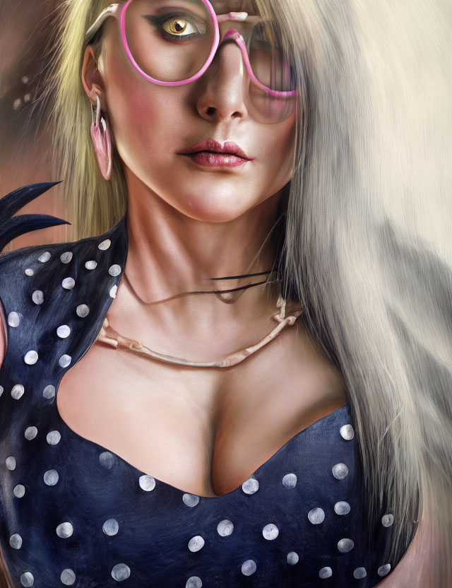 Stylized digital portrait of woman with pink glasses and blonde hair