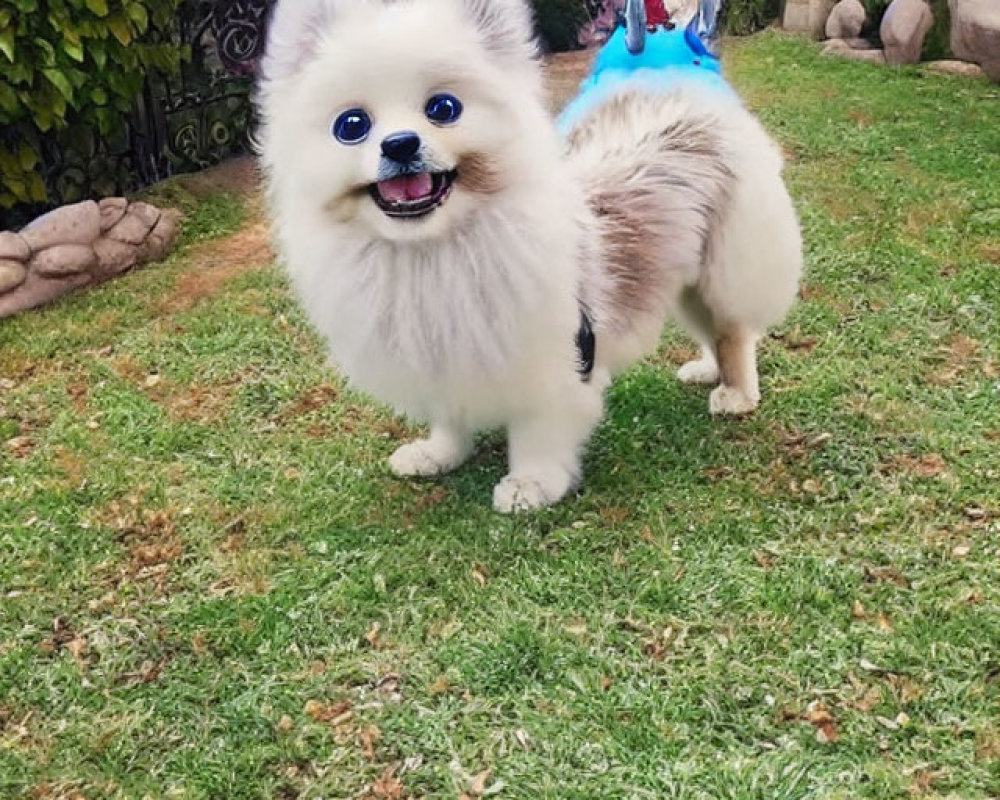 Fluffy White Pomeranian Dog on Grassy Lawn