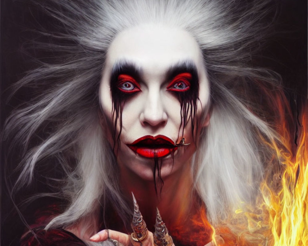 Pale-skinned person with white hair, dark eye makeup, and red eyes in fiery setting.