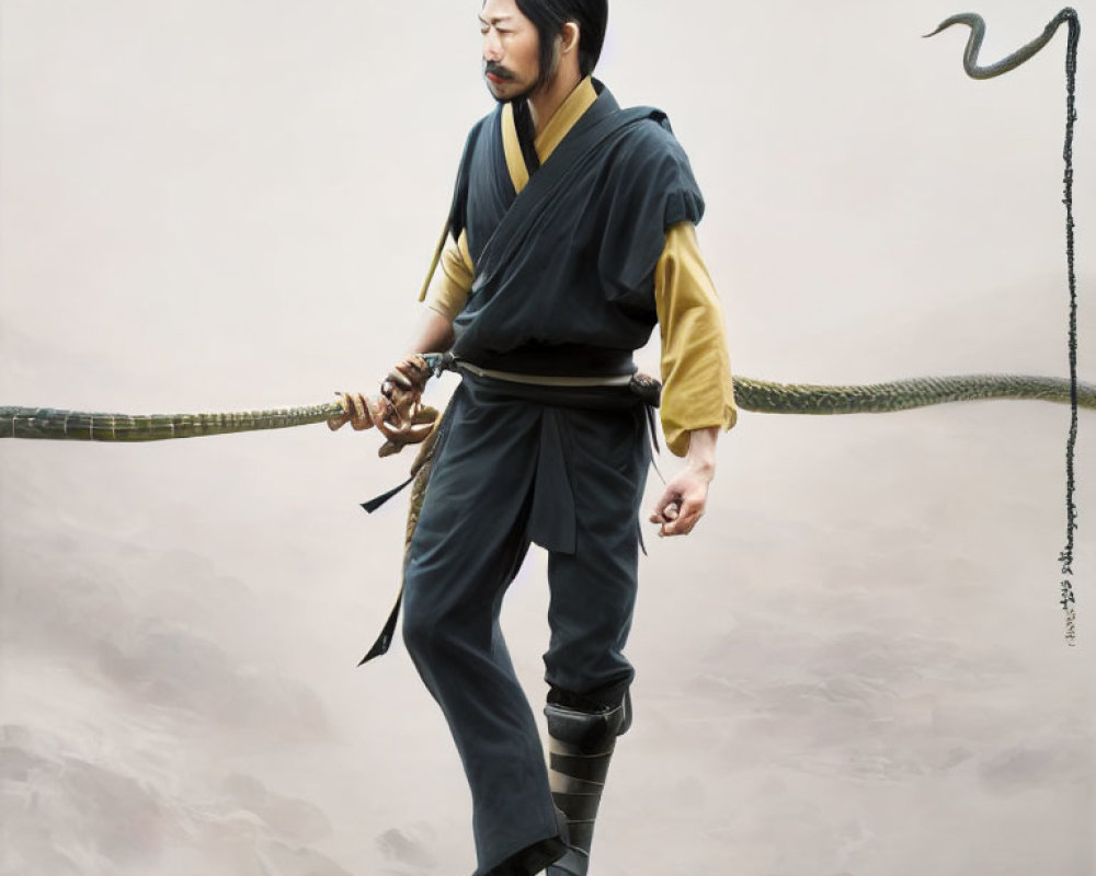 Stoic Asian warrior digital painting with sword and snake graphic