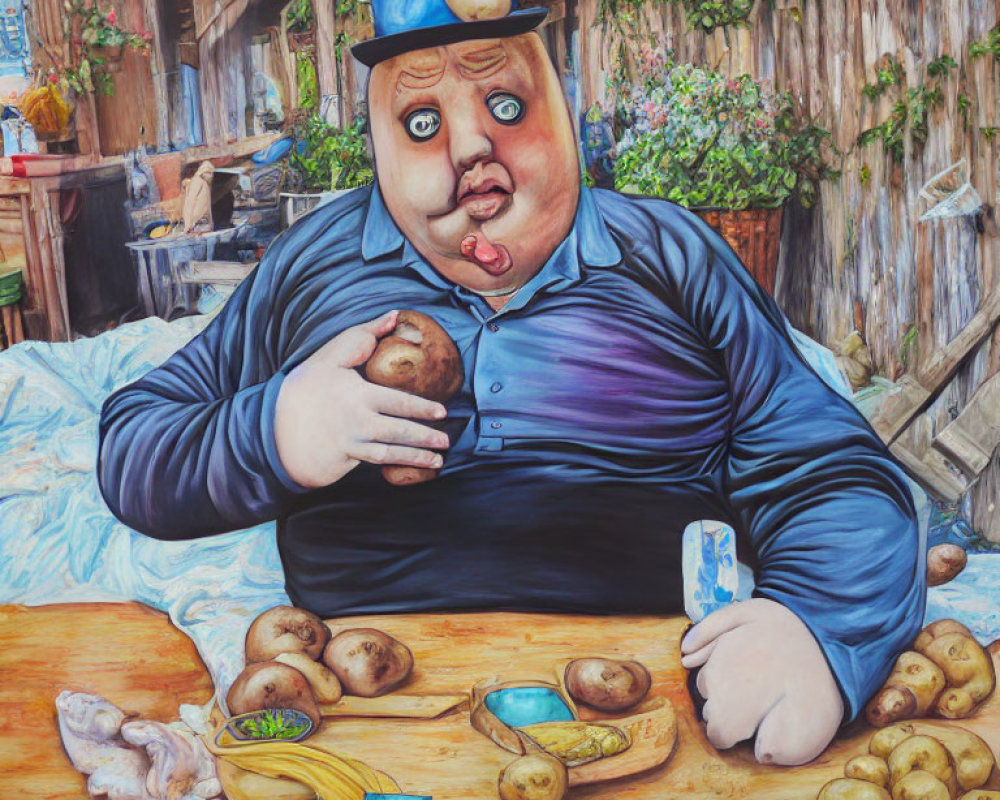 Man in Blue Cap Balancing Potatoes with Credit Card on Table