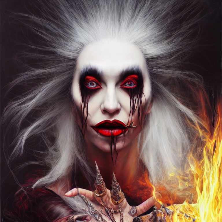 Pale-skinned person with white hair, dark eye makeup, and red eyes in fiery setting.