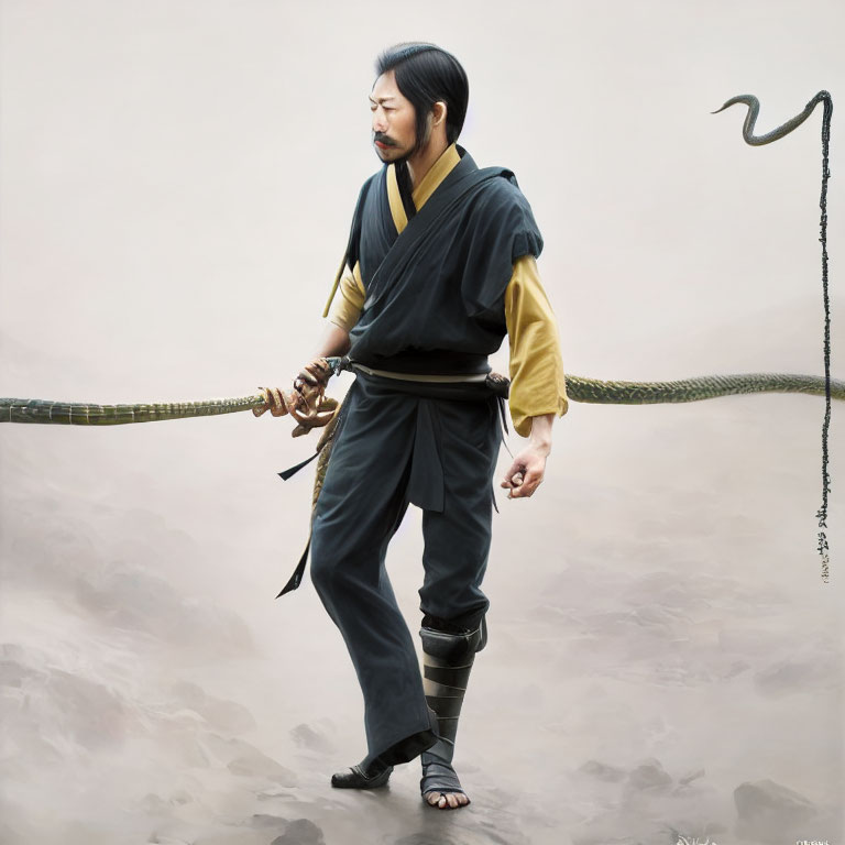 Stoic Asian warrior digital painting with sword and snake graphic