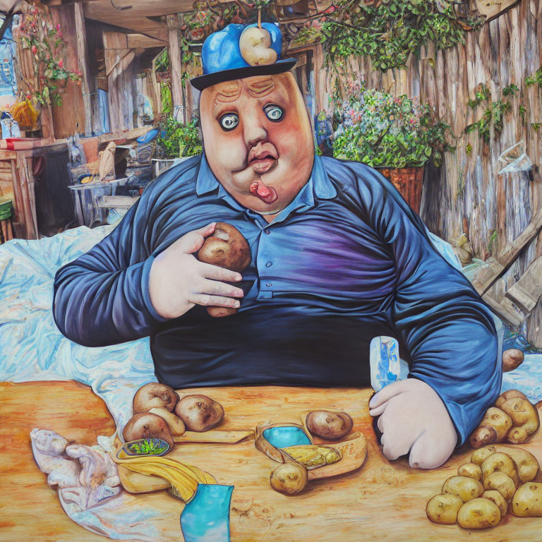 Man in Blue Cap Balancing Potatoes with Credit Card on Table