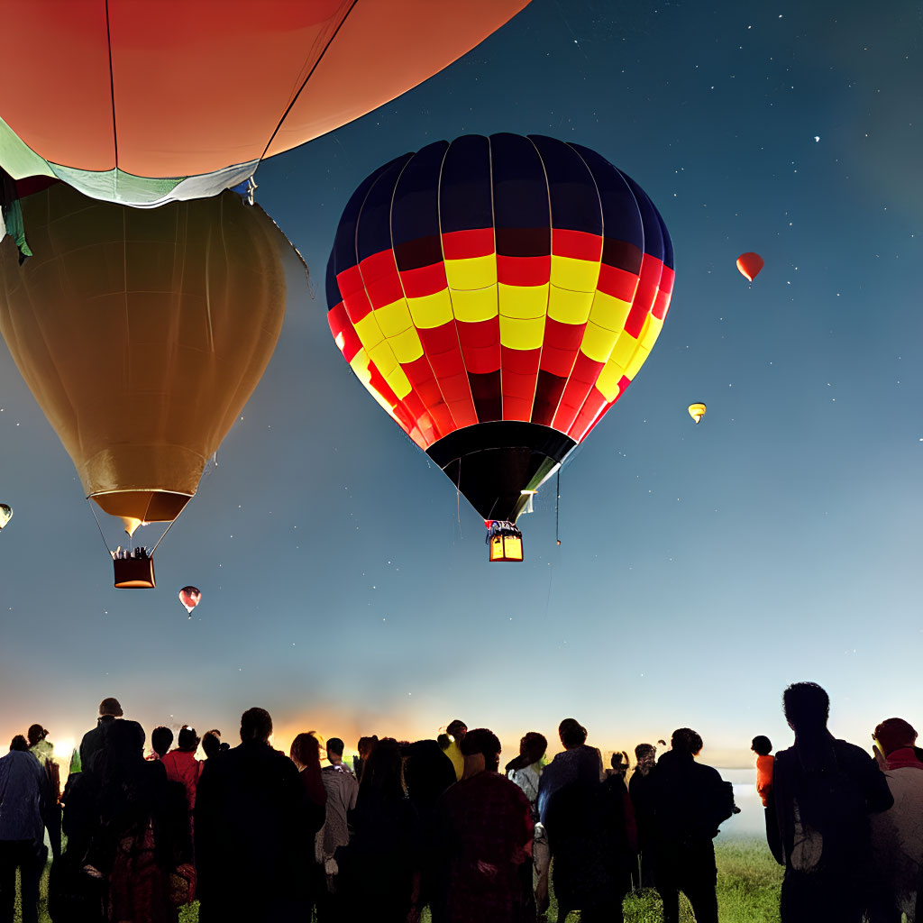 Dusk hot air balloons flight with silhouetted spectators.