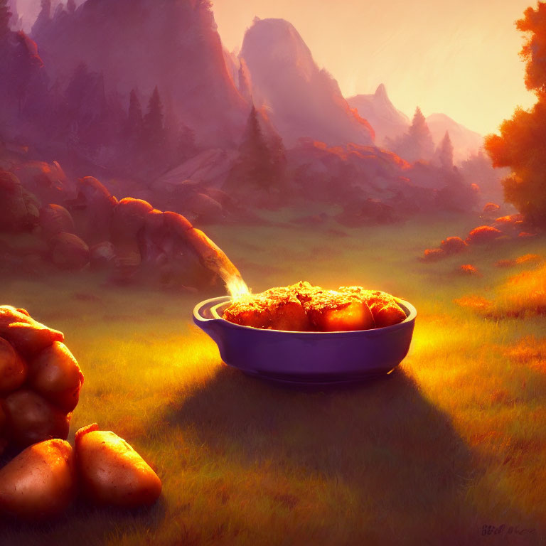 Giant Potatoes and Skillet in Surreal Meadow Setting