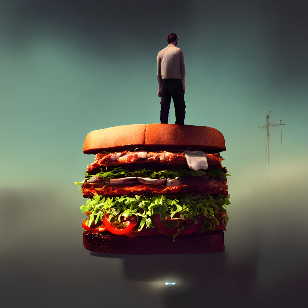 Person standing on colossal sandwich with foggy backdrop and transmission tower silhouette