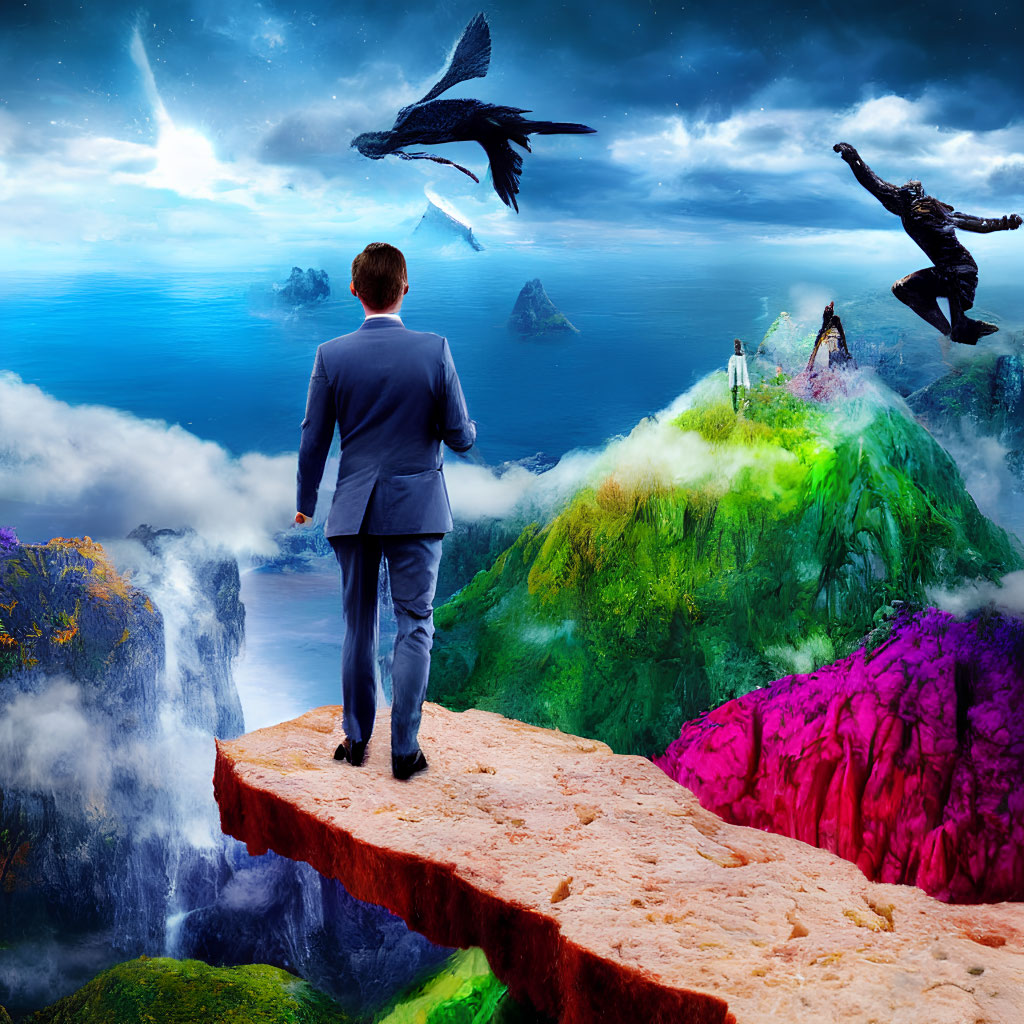 Man in suit gazes at surreal colorful landscape with waterfalls and galaxies